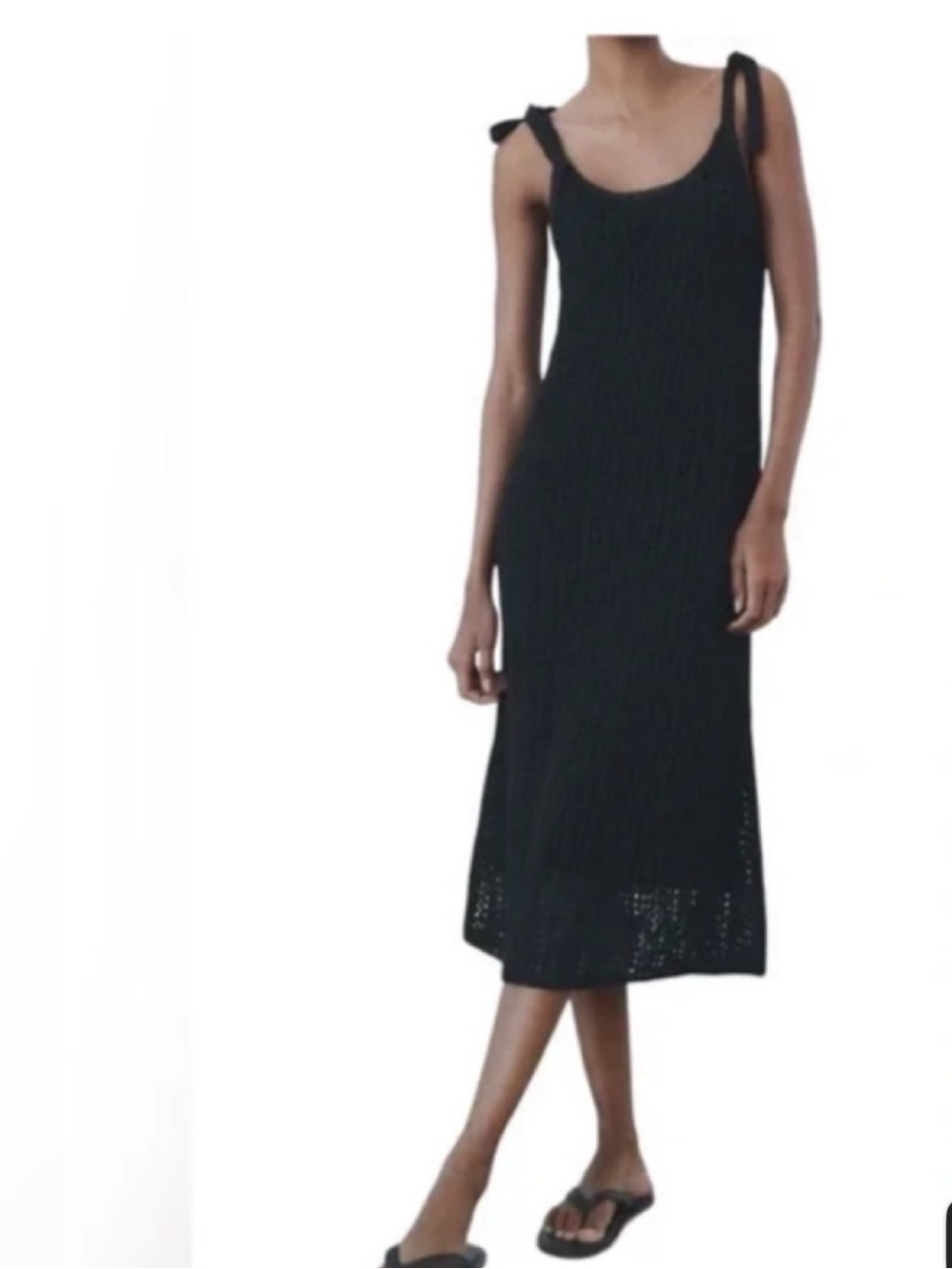 Zara Black Tie-Shoulder Ribbed Midi Dress
